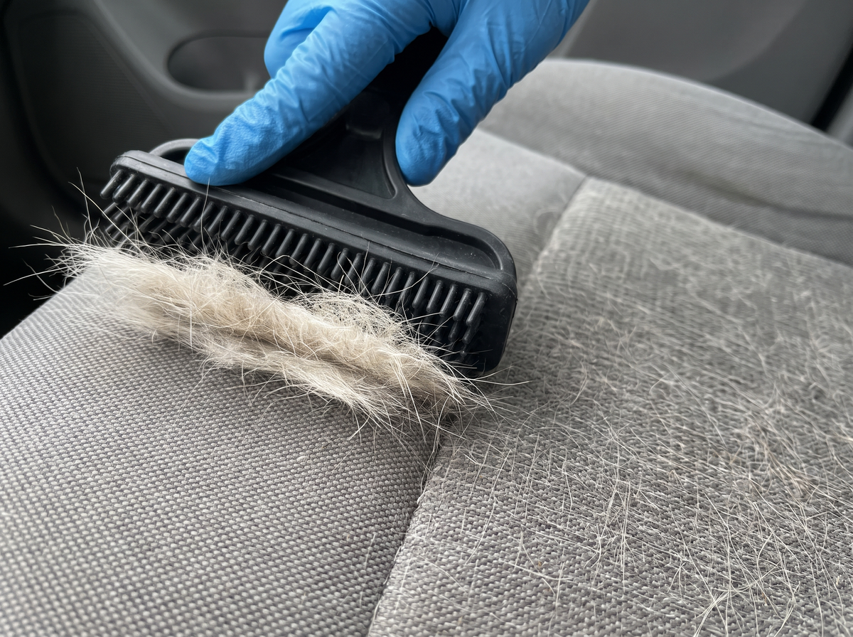Extracción de pelos de mascota incrustados en el asiento de tela de un auto