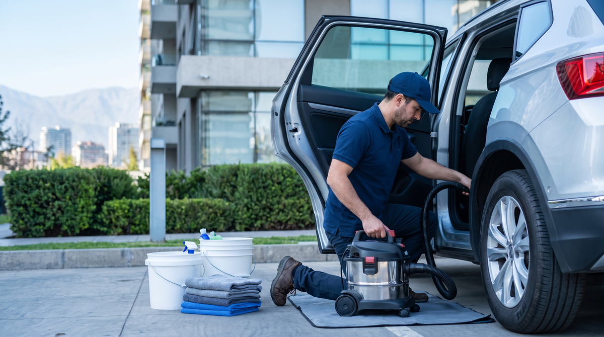 Detailer Spark limpiando el interior trasero de una SUV en un condominio