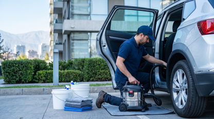 Detailer de Spark limpiando el interior trasero de una SUV en un condominio
