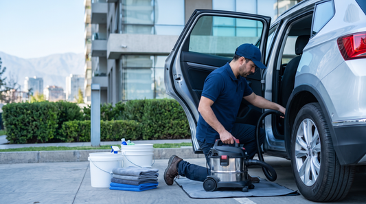 Detailer de Spark limpiando el interior trasero de una SUV en un condominio